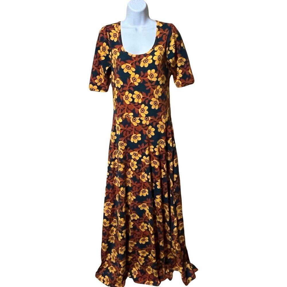 LULAROE Ana Daisies Maxi Dress Yellow Black Floral Size S Boho Cottagecore EUC